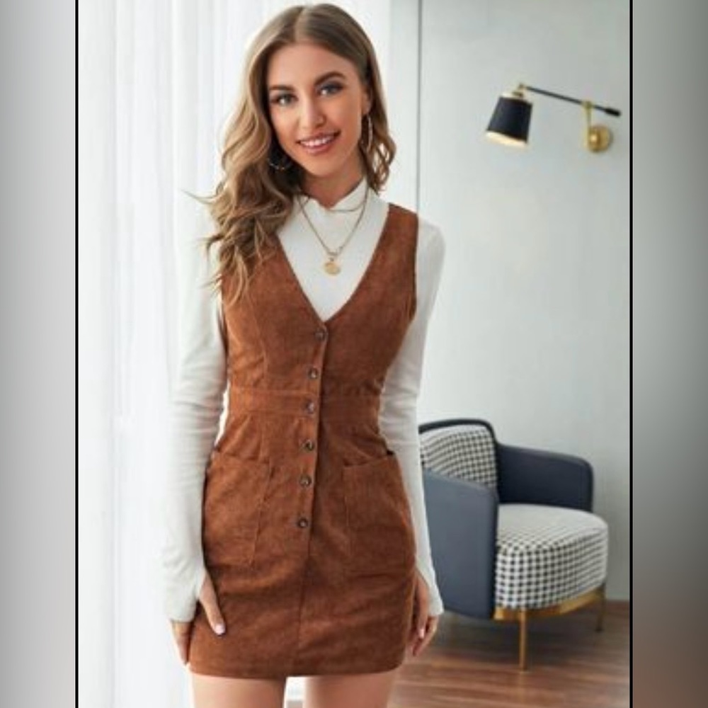 single breasted patch pocket cord overall dress